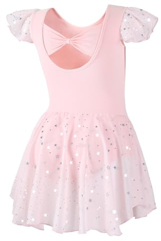 DIPUG Girls Dance Dress Ballet Leotards for Girls Toddler Ballet Outfit Shiny Skirts Ruffle Sleeve and Bow Back Pink Size Kids 4t 5t 6 S