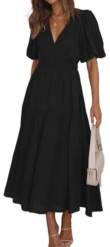 MessBebe Womens Summer Casual Maxi Dress V Neck Puff Sleeve Ruffled Solid Color Ruffle Beach Dress Black