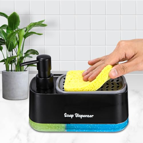 Distributeur Liquide Vaisselle, Distributeur Savon Noir, Distributeur Savon Porte-éponge de qualité supérieure 4 en 1