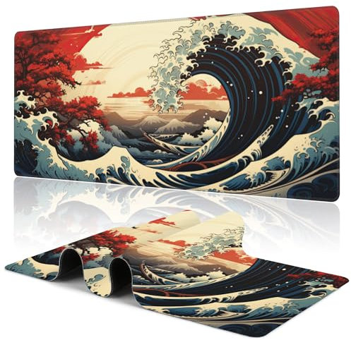 Uiaoiais Japanese Sea Wave Gaming Mouse Pad,Sakura Sun Desk Pad,31.5X15.7 Extended Gaming Mouse Pad Mat with Stitched Edge Non-Slip Base Big Desk Mat for Office Keyboard Laptop