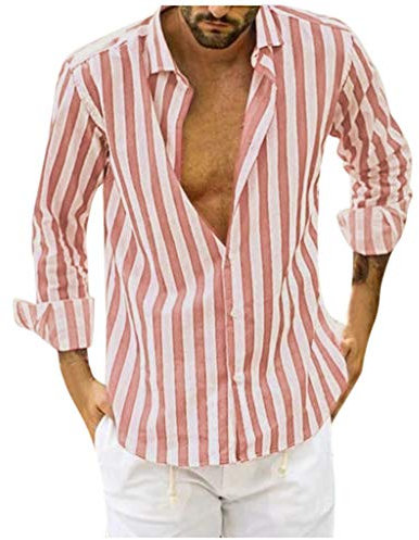Camicia a maniche lunghe da uomo a righe, casual, a righe, a maniche lunghe, con bottoni, con scollo a V, traspirante, per adulti, Colore: rosa., XXXL