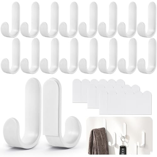 VEPEPE 18 Pcs J-Shaped Self Adhesive Hooks - Waterproof White Plastic, Extra Strong, Stick On Hooks for Hanging Keys, Towels in Bathroom & Kitchen