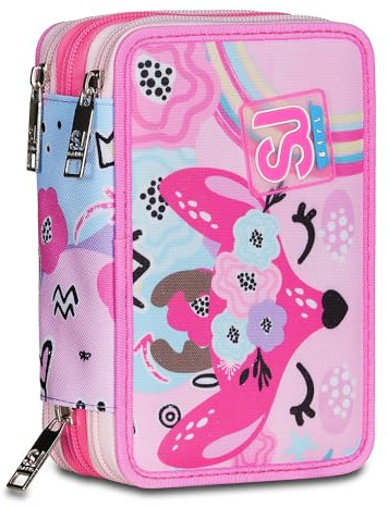 SJ GANG STYLE JAM GANG Astuccio Scuola 3 Zip, Rosa, PinkHugs, Portapenne Triplo Scomparto Completo Di Penne, Matite, Colori, Accessori Zaino, Elementari, Medie, Bambina
