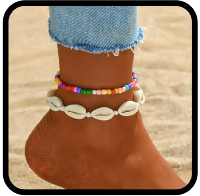 Handcess Boho Layered Fußkettchen Bunte Perlen Knöchel Armband Strand Muschel Fußkettchen Fußkette für Frauen und Mädchen, Free Size, Muschel
