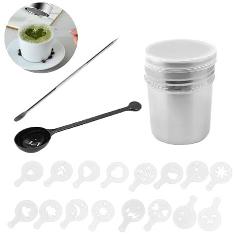 UtySty Kaffeeschablonen und Streuer, Latte Art, Werkzeug-Set mit Stift, Löffel, Kaffeemaschine, Dekoration, Vorlage für Zucker, Pulver, Dose, Blumenmousse, Magnoloran, Cappuccino, Kuchen