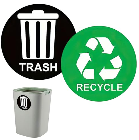 2 Pack Recycling Stickers for Bins Vinyl, Self Adhesive Sticker for Refuse Cans, 5 Inch Recycling Vinyl, for Indoors or Outdoors, Green for Recycle, Black for Trash