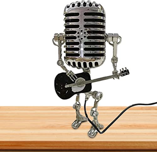 Jomewory Microphone Lamp | Metal Microphone Robot Nightstand Desk Lamp with Guitar | Retro Style Household Ornaments for Bedroom, Bar, Restaurant, Desktop