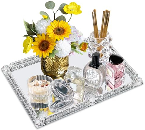 Large Mirror Perfume Tray for Dresser,Silver Crushed Diamond Filled