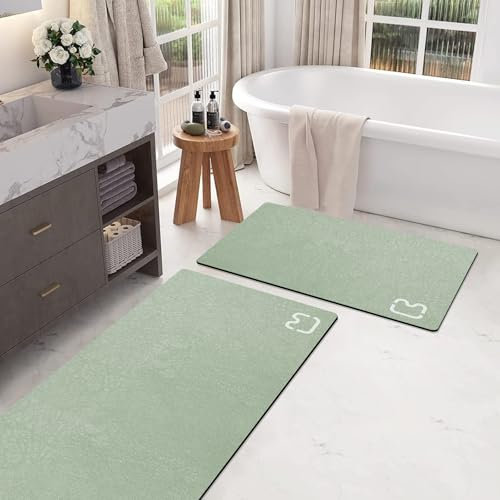 Lot de 2 tapis de salle de bain à séchage rapide – Tapis de bain antidérapant avec revers en caoutchouc – Tapis de bain fin et absorbant – Motif terre de diatomée – 40 x 60 cm + 40 x 120 cm – Vert