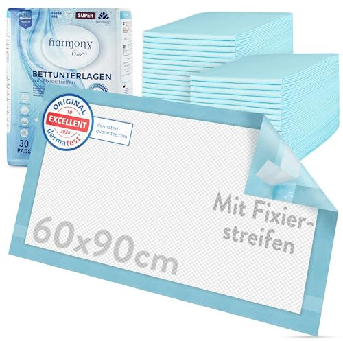 Harmony Care® 120 x Inkontinenz Bettunterlage mit Fixierstreifen, 6-lagig - 60 x 90 cm saugstarke Krankenunterlagen - rutschfeste Inkontinenzunterlagen einweg