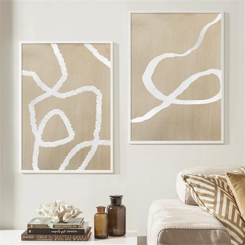 Ueiwffzo 2er Poster Set, Boho Deko Wand, Beige Modern Leinwand Bilder für Wohnzimmer, Premium Wandbilder Set Kunstdrucke für Schlafzimmer Arbeitszimmer Flur (50 x 70 cm)