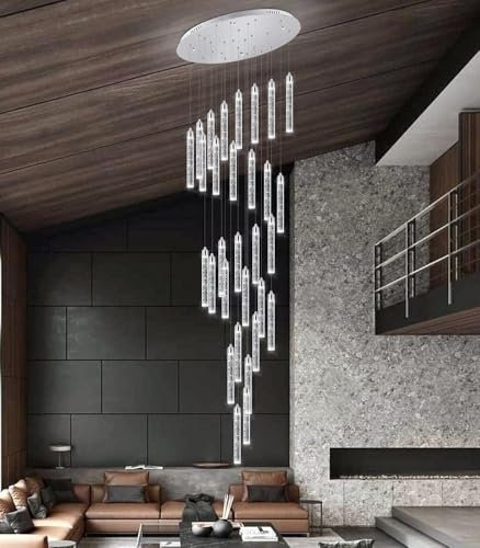 CNMKLM 400 CM lange Treppenhaus-Kristall-Pendelleuchte mit 30 Lichtpunkten, Silber Säule, Kristall Hängeleuchte, Foyer, Eingang, hohe Decke, Hänge-Kronleuchter, 3000–6000 K, dimmbare Leuchten, große