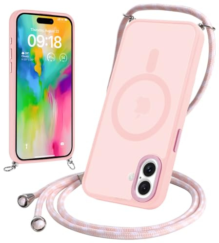 Yoedge Magnetica Cover per iPhone 16 Plus 6,7 con Cordino, Compatibile con MagSafe, Custodia Traslucida Opaca Hard PC Sottile TPU Antiurto Protettiva Case con Tracolla Laccio Corda Collana, Rosa