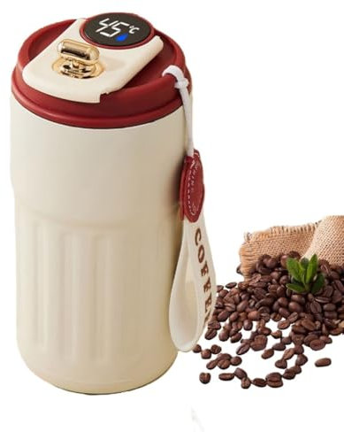 Unicblend Termo Cafe, Acero Inoxidable con Pantalla Inteligente Indicador de Temperatura, 460ML, Doble Sistema Antifugas, Taza Termo Para Llevar Café o Infusiones (CREAM&RED)