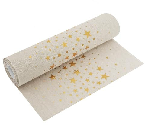 Tischläufer in Leinen-Optik Natur 5m – Festliche Weihnachtsdeko mit Goldenen Sternen, 28 cm Breit – Perfekte Tischdeko für Weihnachten & Anlässe