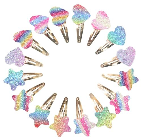LunarCharm 16 Stück Haarspangen Mädchen, Herz- und Stern-Haarspange, Mädchen Haarschmuck, Haarreifen Mädchen Glitzer, Niedliche Haarspangen für Mädchen Geburtstag