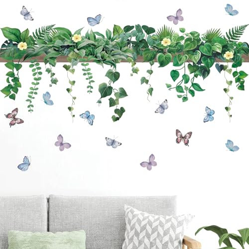 HPNIUB Butterflies Green Plants Wall Stickers,Green Leaf Wall Decals,Tropical Plants Wall Art Stickers for Living Room,Vine Wall Murals for Bedrooms Home Decoration