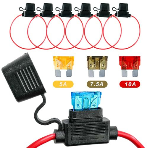 Selyse Lot de 6 porte-fusibles 18 AWG pour voiture, camion, voiture, moto, étanche avec fusibles plats en ligne, câble en cuivre, fusibles standard pour voiture/bateau 2 x 5 A, 2 x 7,5 A, 2 x 10 A