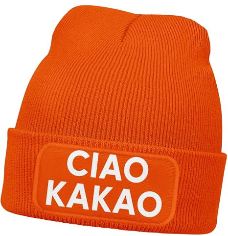MoonWorks® Damen Beanie mit Patch Ciao Kakao Strickmütze mit Spruch Aufdruck Lustig Damenmütze Orange Unisize