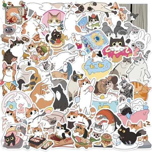 50 Stück niedliche Katzenaufkleber, lustige Cartoon-Tieraufkleber für Erwachsene im Teenageralter, Kawaii handbemalte Aufkleber Katze Haustier