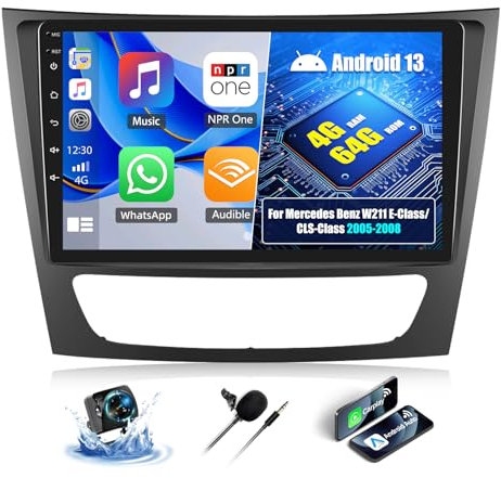OiLiehu 4+64G Android 13 2 DIN Carplay Android Auto para Mercedes Benz W211 Clase E Clase CLS W219 2005-2008 Pantalla Radio Coche 9 Pulgadas Bluetooth FM/RDS GPS WiFi EQ Camara Marcha Atras