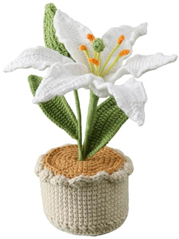 Magicherry Crochet Lily Potted Plants,Fake Lily Flowers for Friends,Family and Lover,Artificial Handmade Knitting Flowers for Birthday and Home Decor,White#2