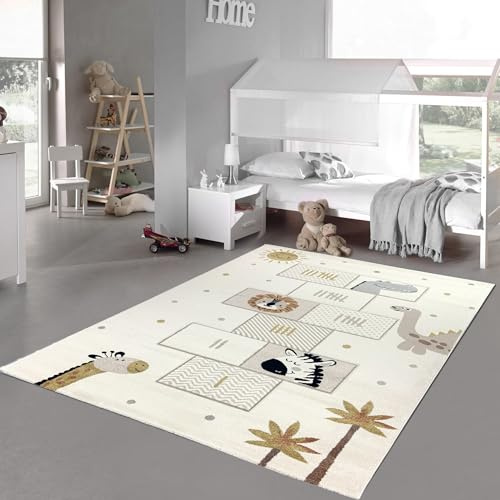 Teppich-Traum Teppich Spielzimmerteppich Kinderzimmer Spielecke Allergiker geeignet leichte Pflege Hüpfspiel mit Tieren Creme, 140 x 200 cm