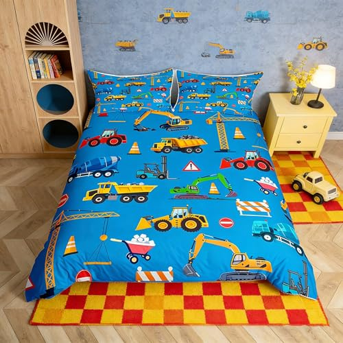 Homemissing Blauer Bagger Bettwäsche Set 135x200cm Baufahrzeuge Bettbezug für Jungen Mädchen Ausrüstung LKW Bettwäsche-Set
