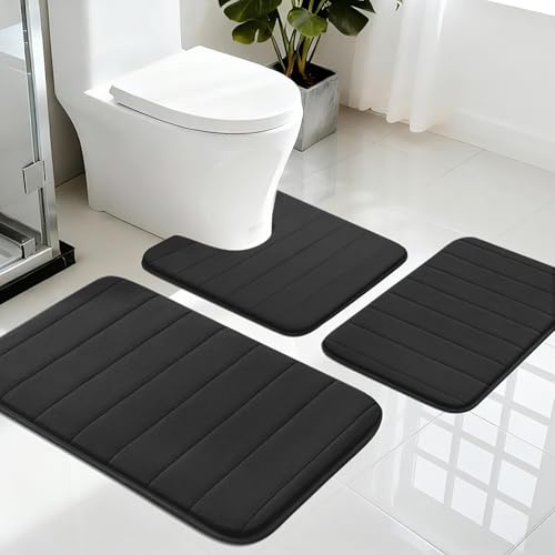 LUSCHEER 3 Piece Bath Mat Sets, Memory Foam Bathroom Rugs, Black
