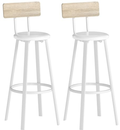 HOMCOM Juego de 2 Taburetes de Bar con Respaldo Reposapiés Natural y Blanco | Taburetes Altos de Cocina, Asiento de 75,5 cm de Altura, Tapizados de PU, Fácil Montaje, Estilo Industrial
