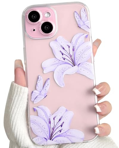 NITITOP Cover per iPhone 15 Carino Fiore di Giglio, Lilla | Trasparente Farfalla Motivo, per Donne Ragazze, TPU Morbido, Anti Ingiallimento Anti-Graffio, Protezione Antiurto Custodia