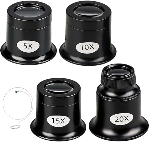 4-Teiliges Lupen Uhrmacherlupe 5X/10X/15X/20X Juwelierlupe mit Drahthalter Uhrmacher Auge Okula Augenlupe Uhrenreparaturlupe für Uhr Schmuck Münzen Elektriker Nähen Handwerk