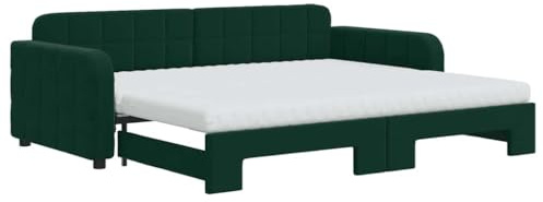 Yisssmeng Tagesbett 90x200 cm Dunkelgrün Samt Ausziehbar 160 kg Holz-Metallrahmen 2 Matratzen Gästebett