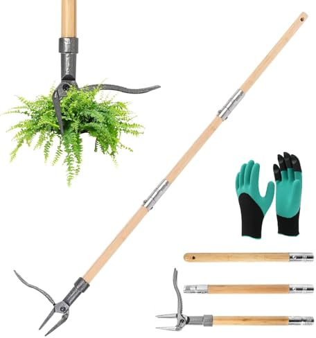 Neuytiky Extractor de Mala Hierba con 4 Garras Metálicas y Pedal Antideslizante,110 cm de Mango Largo de Madera Natural, Extractor Manual de Malas Hierbas para Quitar Malas Hierbas Jardín de Pie (B)