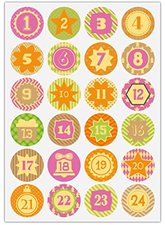 5 x 24 grafische Advents Aufkleber mit den Zahlen 1-24 in gelb rosa, MATTE Etiketten für Adventskalender, Geschenke, runde Sticker für Deko, Pakete, Briefe & mehr ø 45mm
