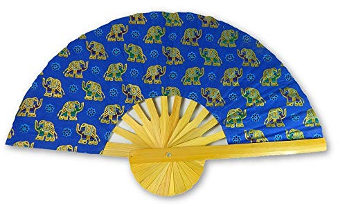 Folding Bamboo Hand Fan - Thai Elephant Fabric - Royal Blue