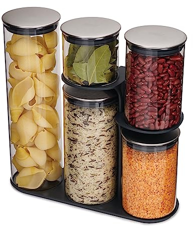 Joseph Joseph Podium 5 piece Glass Airtight Food Storage Jar Container Set with Stand, Black