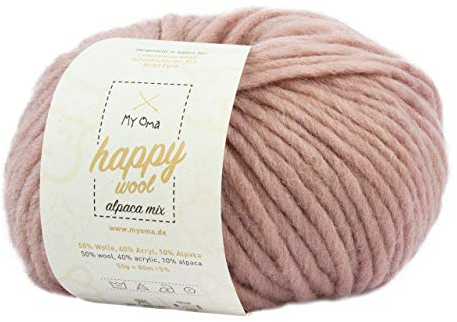 My Oma Alpakawolle zum Stricken -1x Happy Wool Alpaca Mix Puder (Fb 67)- 1 Knäuel Wolle rosa + GRATIS Label - Wolle mit Alpaka - 50g/80m - Nadelstärke 7-8mm - Wolle zum Stricken - rosa Wolle