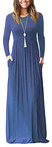 AUSELILY Women's Casual Long Sleeve Maxi Dress Loose Long Dresses with Pockets Beja Blue XXXL