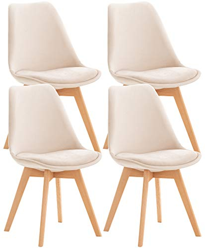 CLP 4er Set Esszimmerstuhl Linares Kunststoff I Stoff I Samt I Cord I Lederoptik I Lehnstuhl Mit Holzgestell, Farbe:beige, Material:Samt