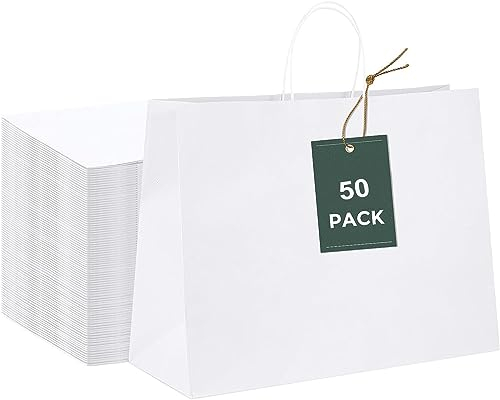 Switory 50 Stk Weiß Papiertüten mit Henkel - 41 x 15 x 30 cm Groß Geschenktüten Papiertragetaschen Kraftpapiertüte zum Einkaufen, DIY, Geschäfte, Geburtstag, Party
