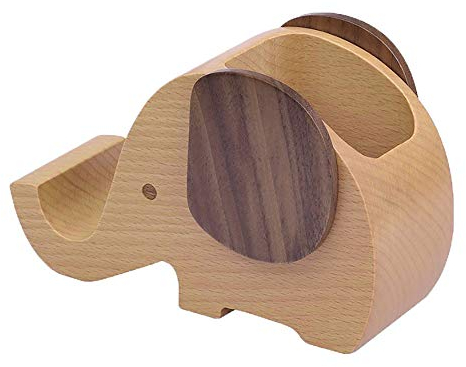 Wooden Elephant Phone Stand with Pen Pencil Holder Pot for Cellphone for Desk Office Pen Organizer