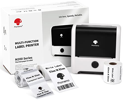 Phomemo M200 Etikettendrucker mit 3 Etikettenrollen- 80mm Thermo Bluetooth Etikettendrucker Beschriftungsgerät Lable Printer,für Barcode,Einzelhandel,Büro,kleine Unternehmen,für Android & iOS -Weiß