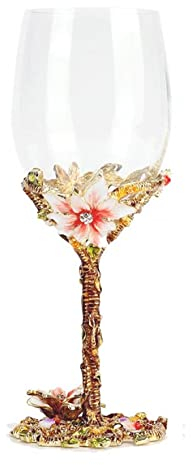 XUDREZ Red/White Wine Glass, Handmade Painted Enamel Flower Gin Wine Glass Long Stem Lead Free Crystal Wine Glasses, Ideal Gifts for Women Mum Friends Mothers Day (Flower Wine Glass)