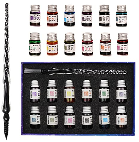 Aokuy Glasstifte-Set kalligraphie, Kalligraphie Dip Pens,12 bunte Tinten,Kaligraphie-Sets für Kunst, Schreiben, Unterschriften, Dekoration, Geschenk. (Schwarz)