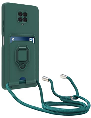 yanasuo Protección de Cámara Funda Compatible con Xiaomi Redmi Note 9S/Note 9 Pro/Note 9 Pro MAX, con Anillo Soporte, Ajustable Collar Correa de Cuello Cordón Carcasa de Silicona-Verde Oscuro