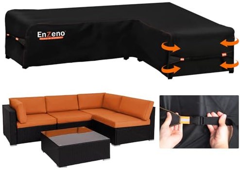 Enzeno Garden L-Shape Furniture Cover Waterproof, 420D Heavy Duty Oxford Fabric Outdoor Rattan Corner Sofa Cover with Waterproof Tape (260 * 210 * 87cm)