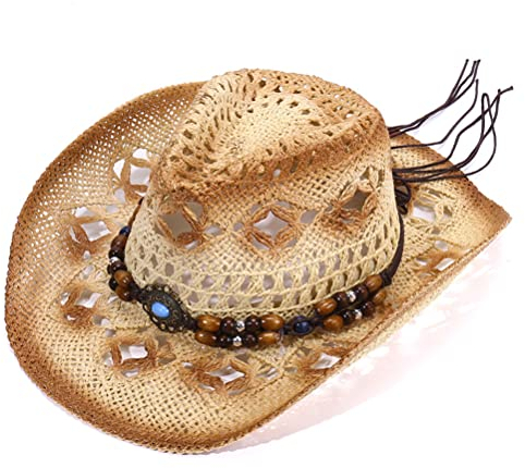 Cowboyhut aus Stroh, unisex, ausgehöhlter Cowboyhut, breite Krempe, Strandhut mit Perlenband, beige