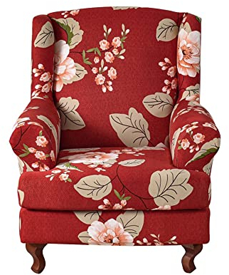 Highdi 2 Teilig Ohrensessel Überzug, Sessel-Überwürfe Ohrensessel Schonbezüge Bezug Sesselhusse für Strandmon, Hohe Rückenlehne Elastisch Tiger Stuhlbezug mit Armlehne (Vintage rote Blume)