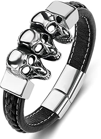 KnSam Armbänder Herren zum Gravieren, PU Leder Armband Herren Personalisiert Schädel Armbänder Leder Männer Titan-Stahl Handhandgelenk Kette Schwarz mit Magnet Verschluss, Länge 16.5CM